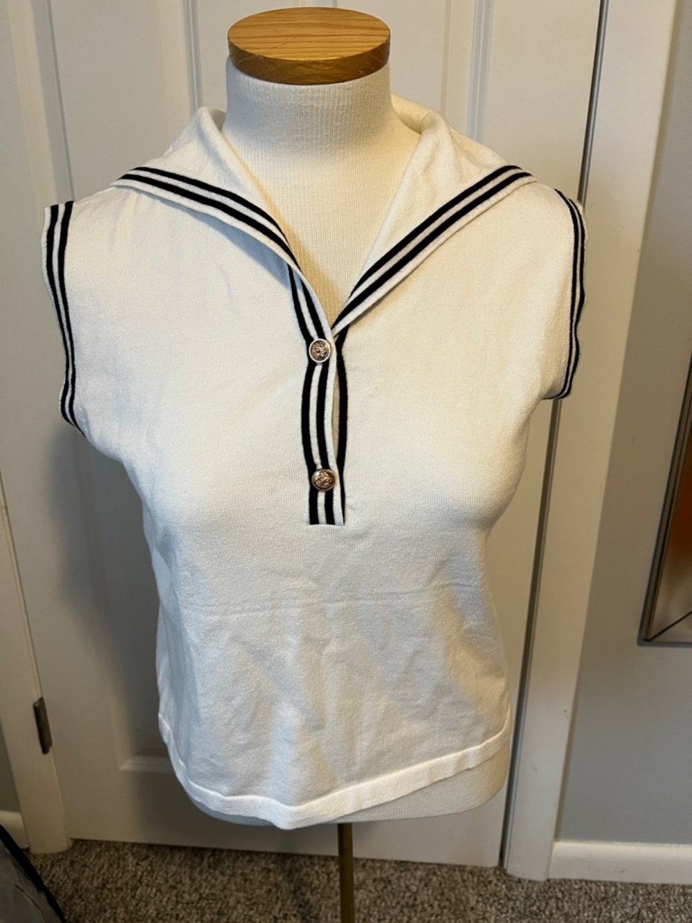 New Sleeveless Sailor Collar Knit Top - White with Black Trim